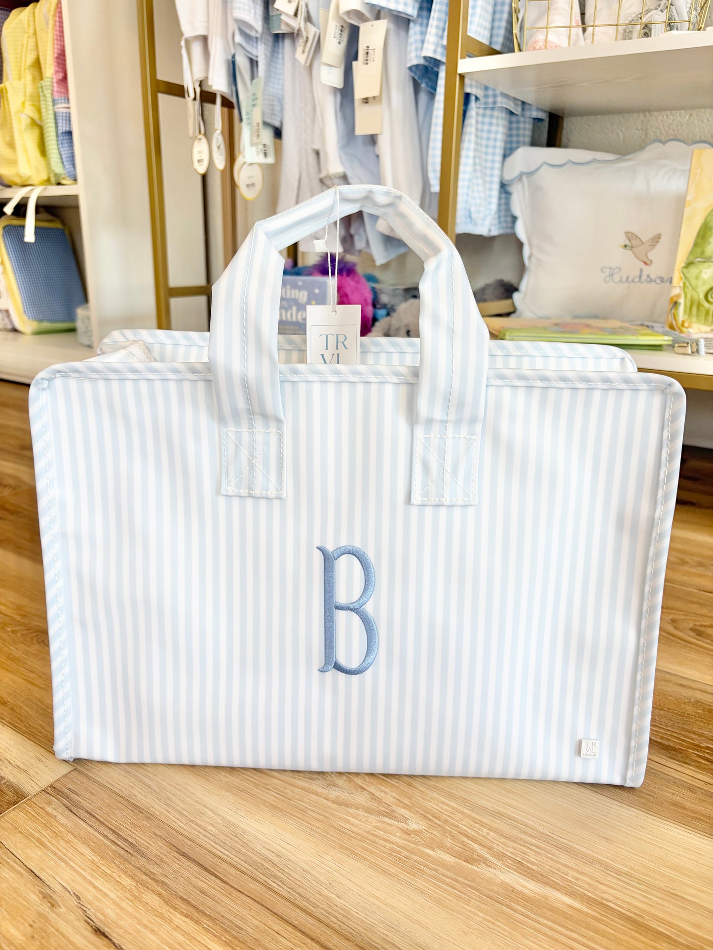 TRVL Pimlico Stripe Blue Overnite Tote- Single Fishtail Initial