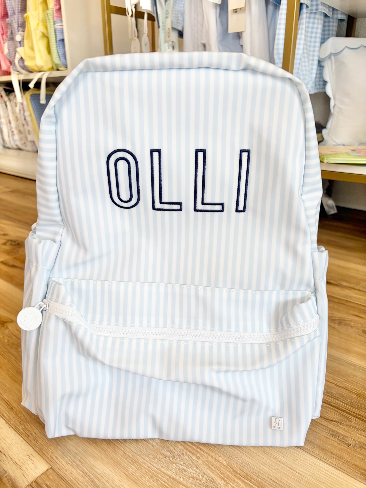 TRVL Blue Pimlico Stripe Backpack- Miller Font name
