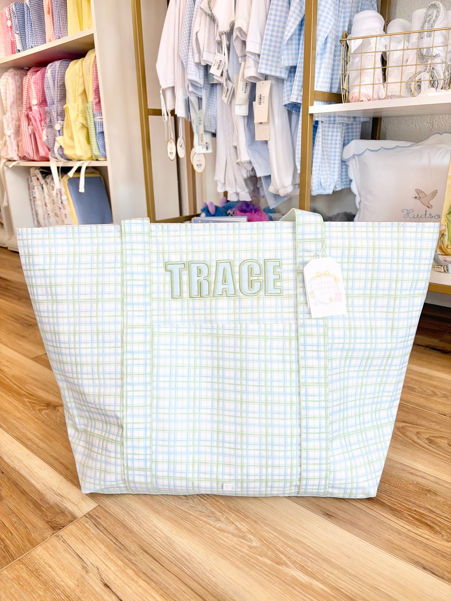 TRVL XL Classic Green Plaid Tote- Turner Font name