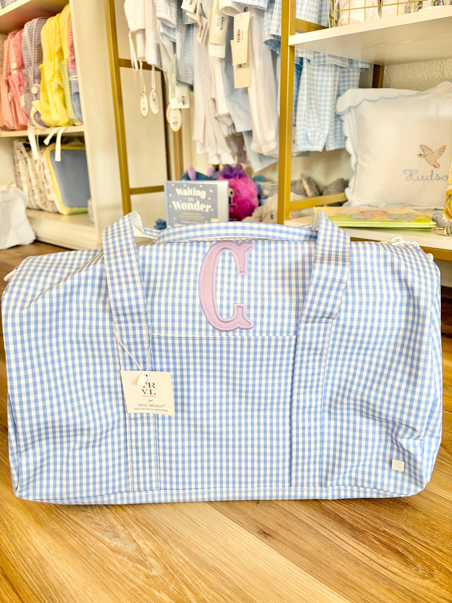 TRVL Gingham Sky Weekender Duffel Bag- Single Initial Applique