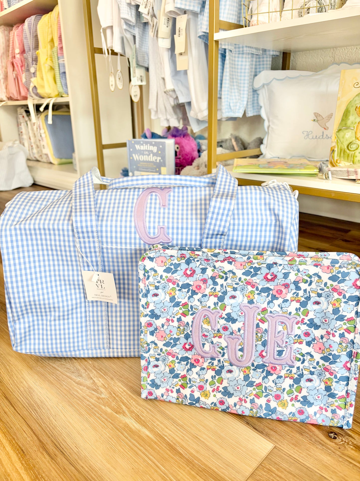 TRVL Gingham Sky Weekender Duffel Bag- Single Initial Applique
