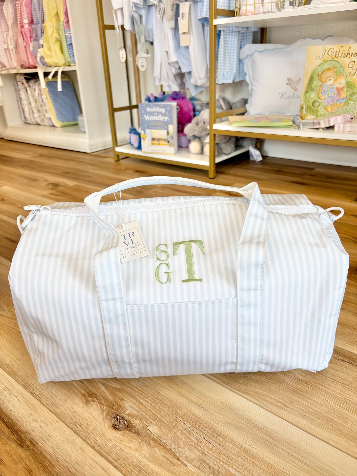 TRVL Pimlico Blue Stripe Weekender Duffel Bag- Stacked Initials
