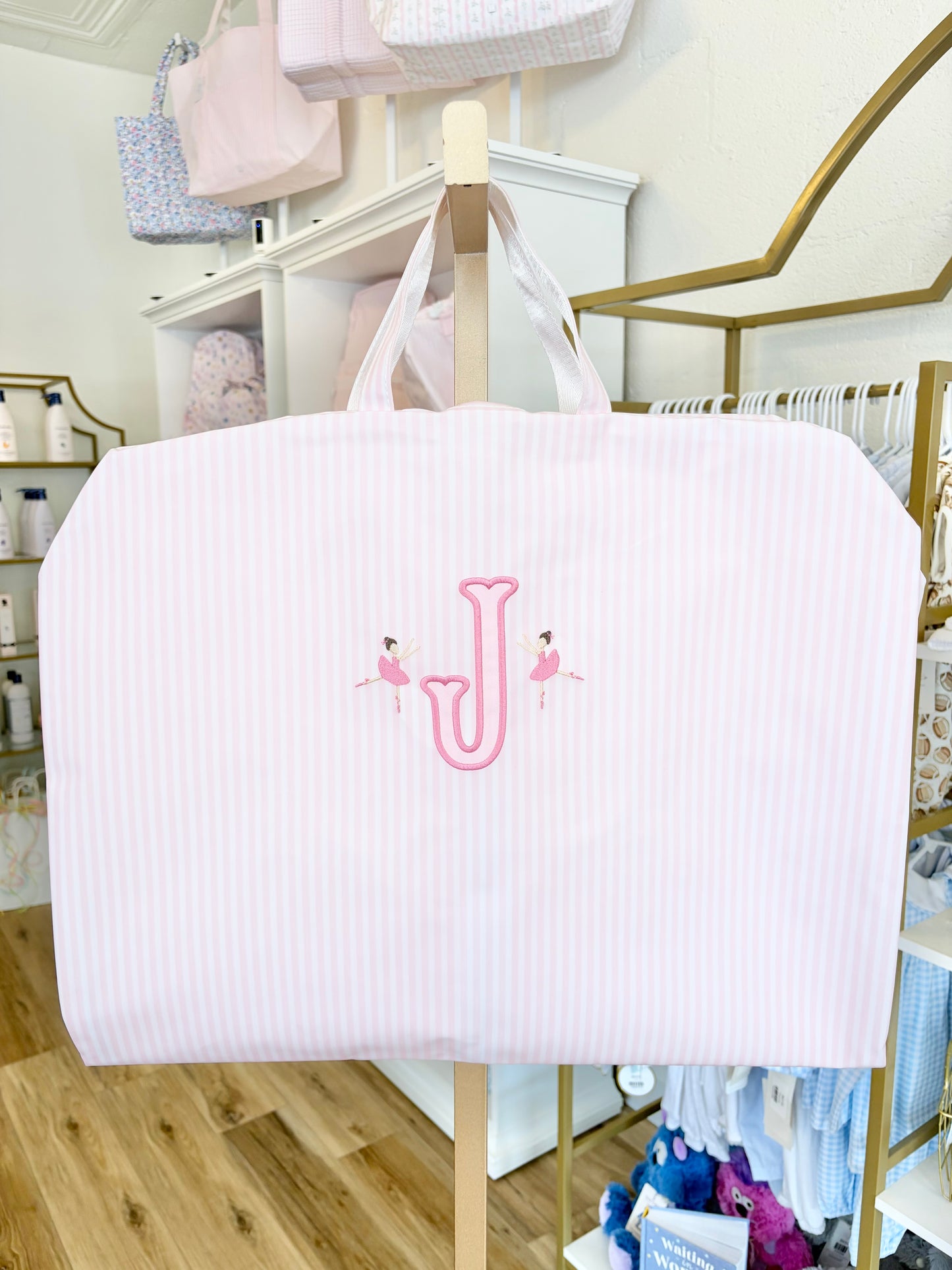 TRVL Pink Stripe Pimlico Garment Bag- Applique Single Initial with Tiny Dancers