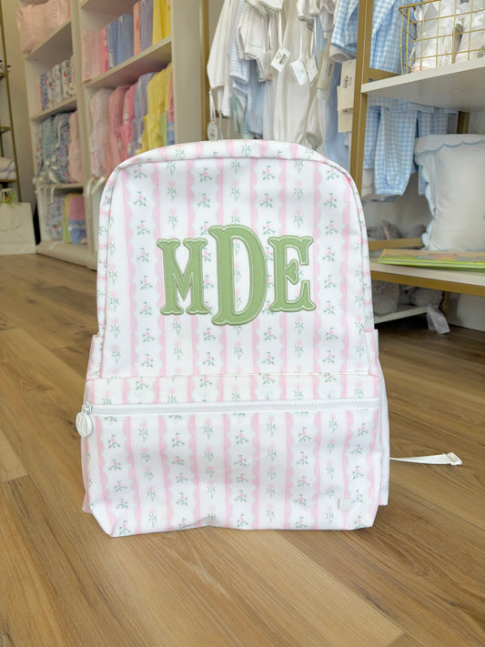 TRVL Pink Ribbon Floral Backpack- 3 Applique Initials