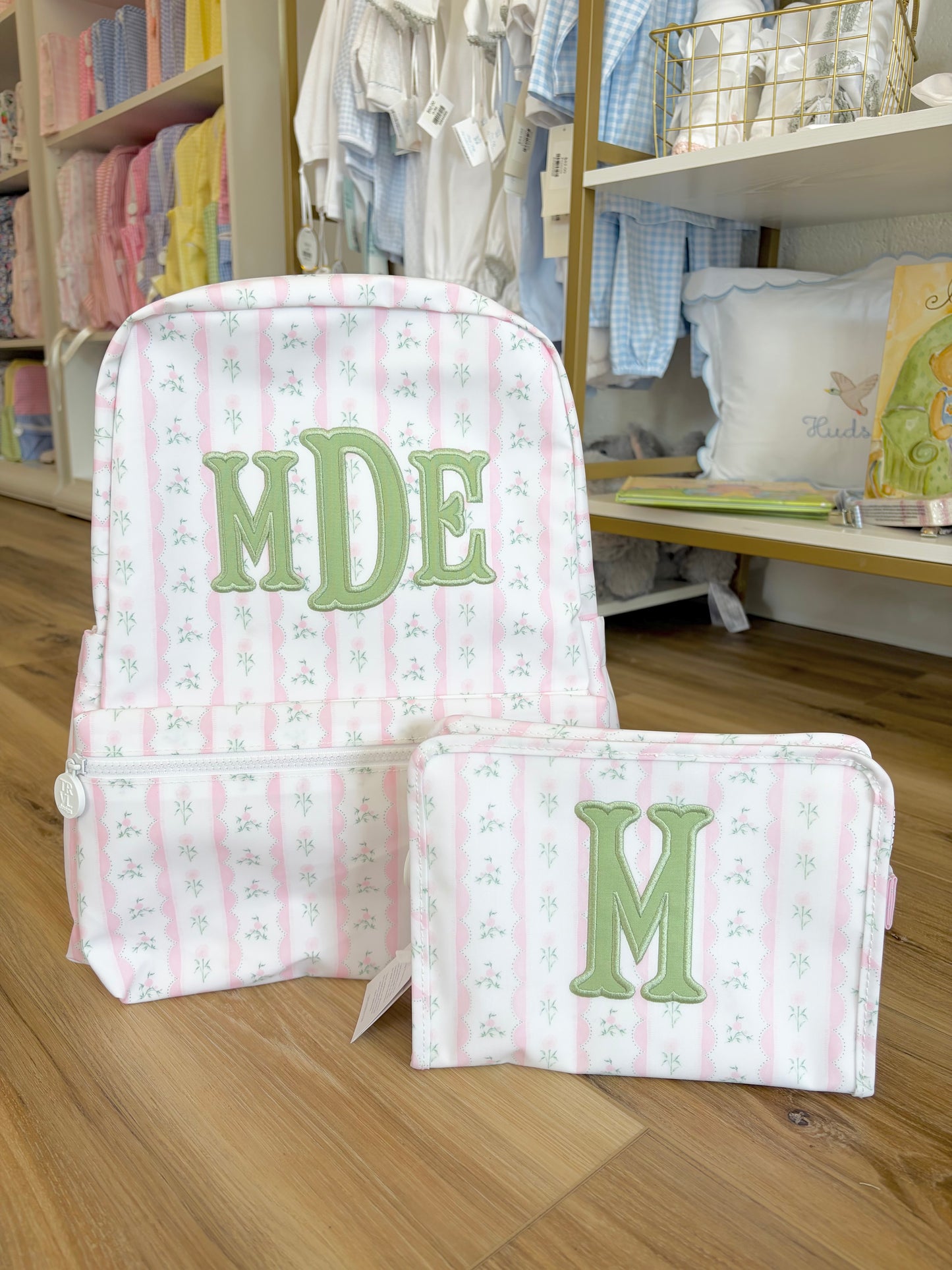 TRVL Pink Ribbon Floral Backpack- 3 Applique Initials