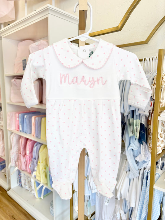 Pink Dot Collar Footie - Bubbly Font Name