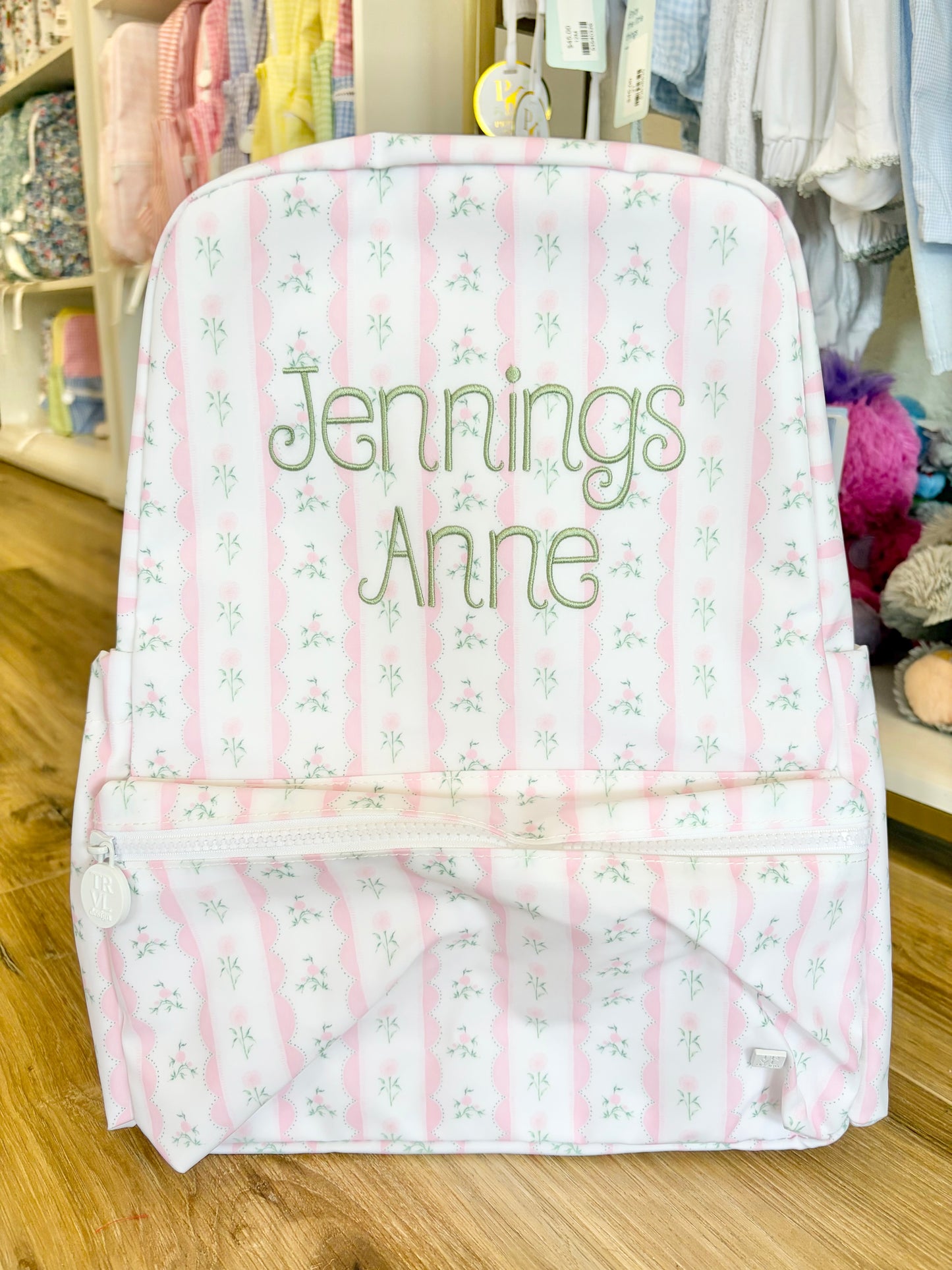 TRVL Pink Ribbon Floral Backpack- Maggie Font Name