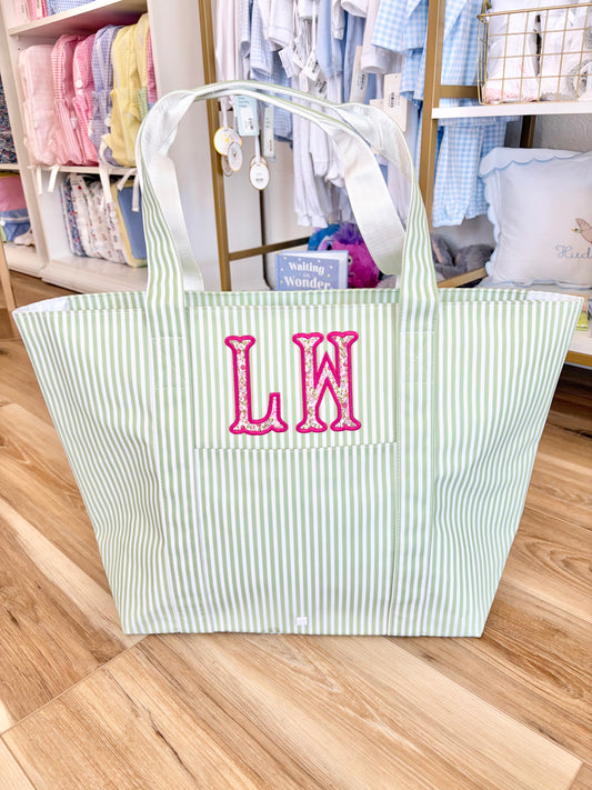 TRVL XL Sage Pimlico Stripe Tote- 2 Initial Applique