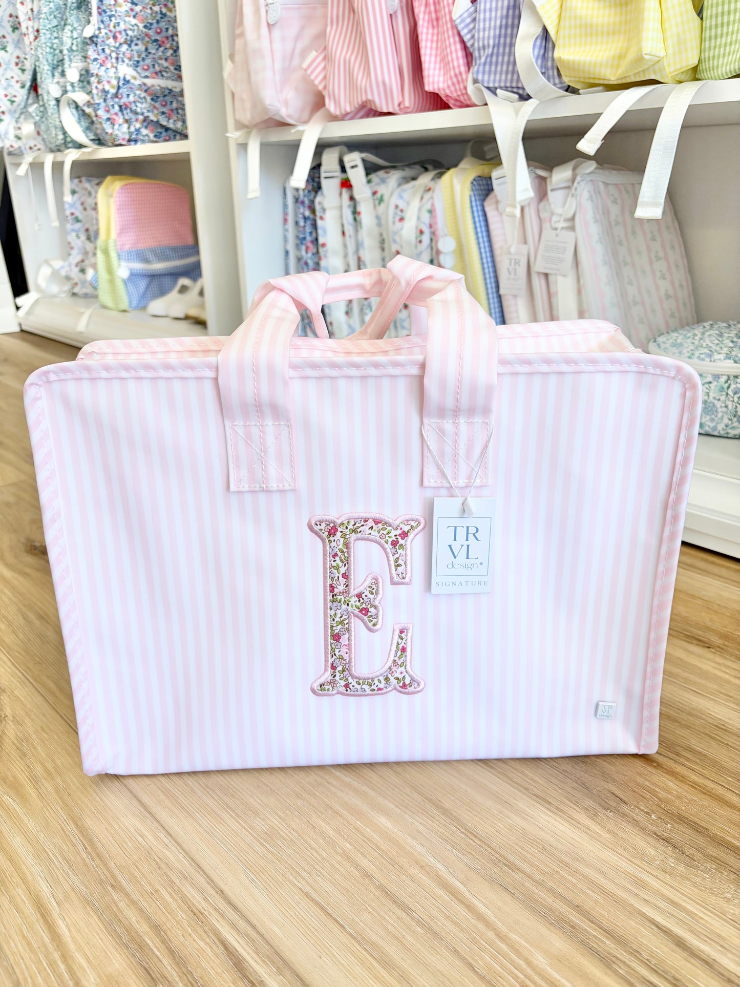 TRVL Pink Stripe Pimlico Overnite Bag- Single Initial Applique