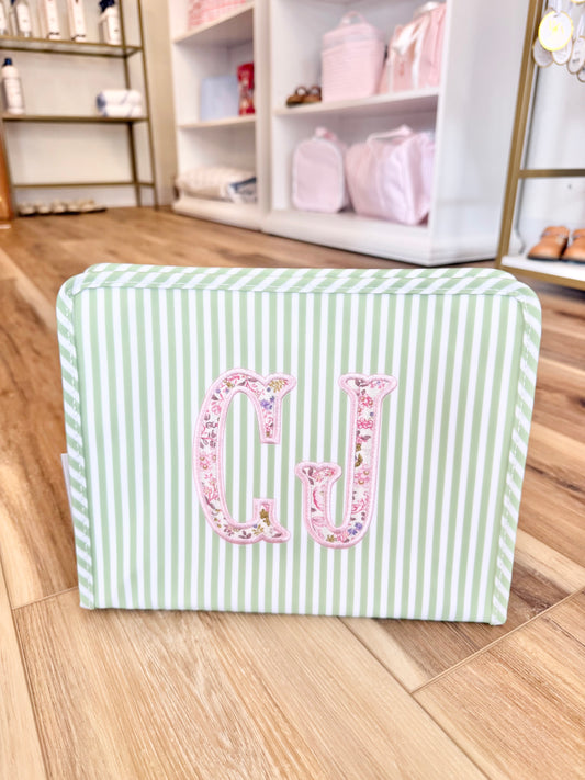 TRVL Sage Pimlico Stripe Large Roadie- 2 applique initials