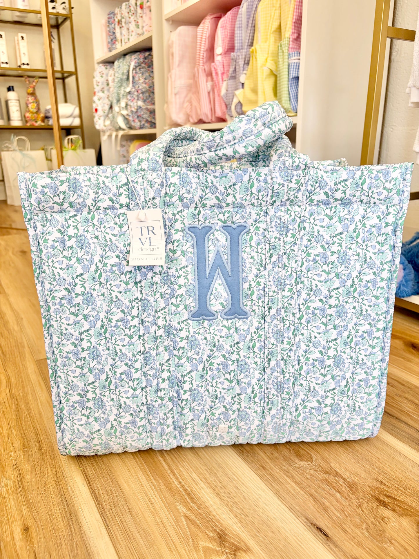 TRVL Hamptons Floral Quilted Tote- Single Initial Applique
