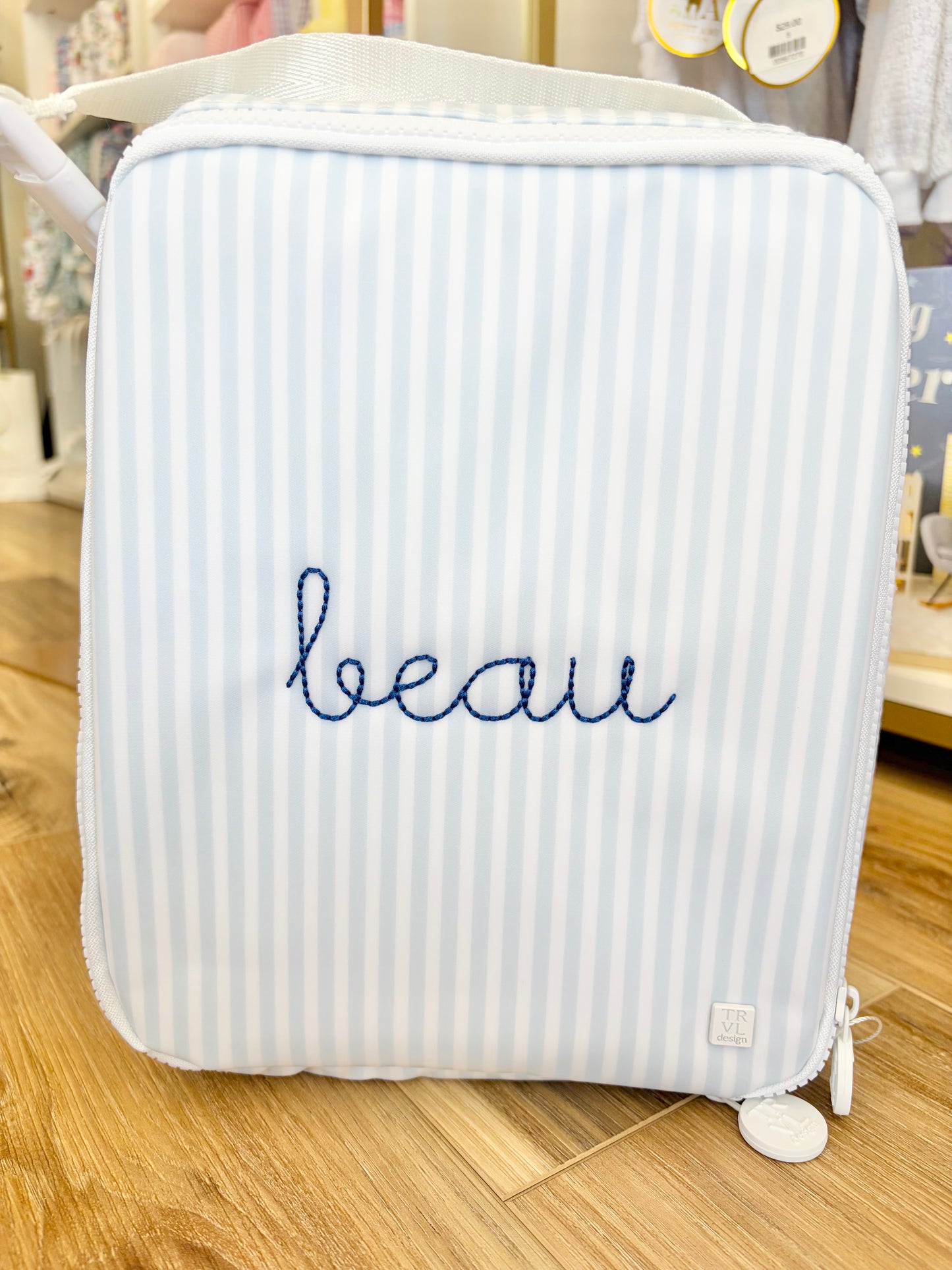 TRVL  Pimlico Blue Stripe Insulated Lunch Box- Beckham Font Name