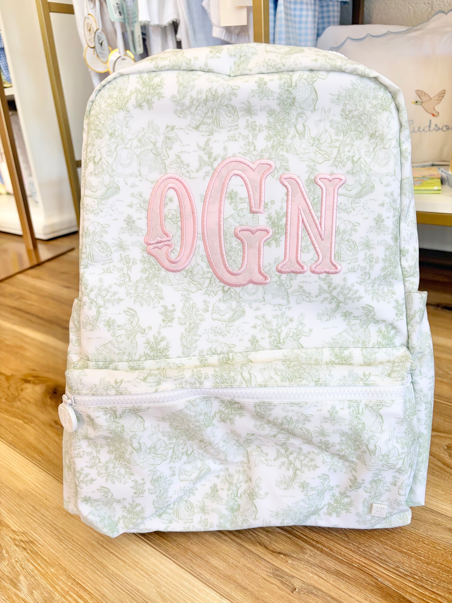 TRVL Green Bunny Toile Backpack- 3 Initial Applique