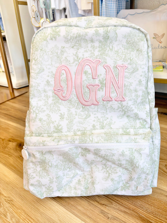 TRVL Green Bunny Toile Backpack- 3 Initial Applique