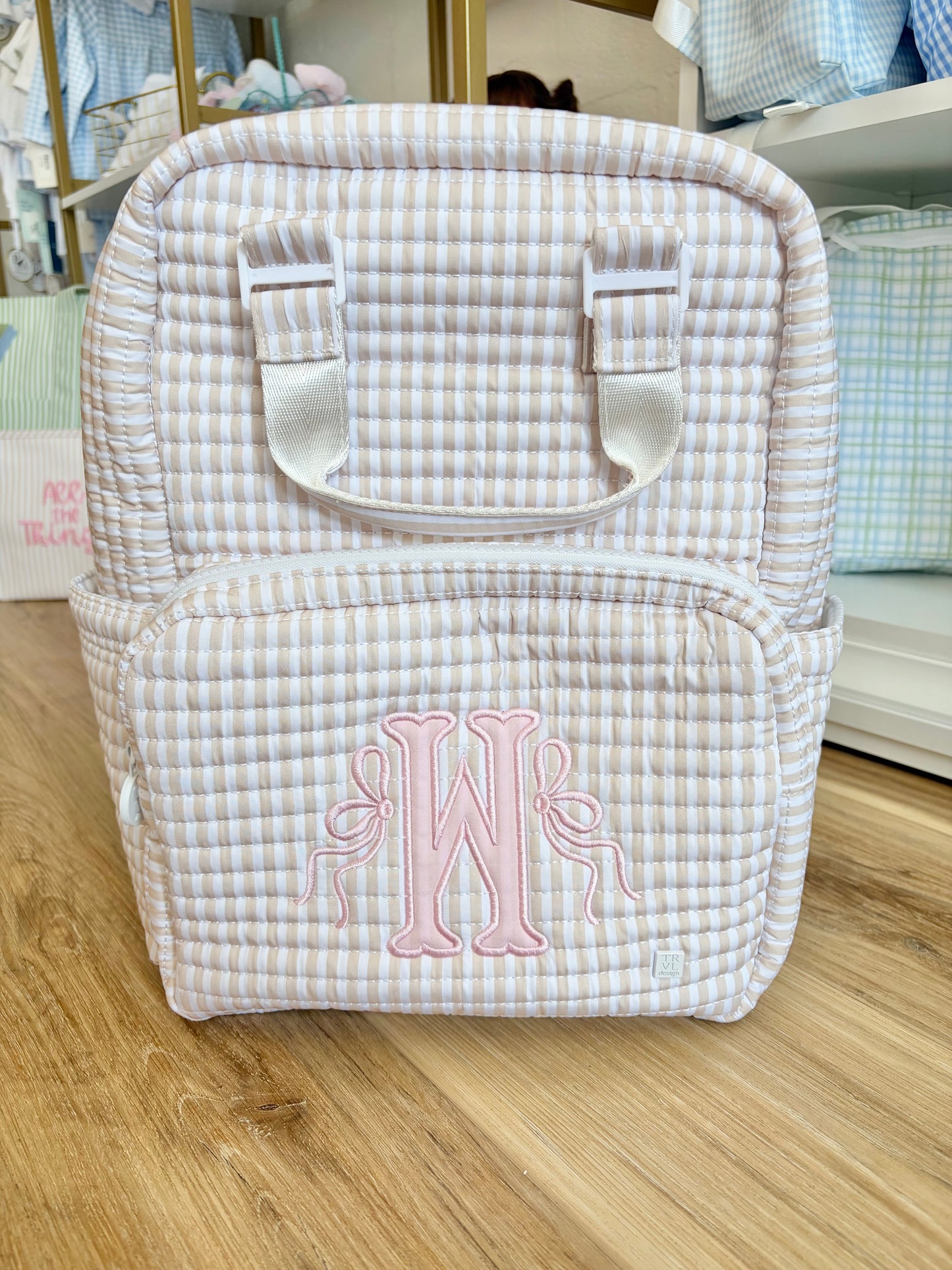 TRVL Pimlico Sand Stripe Quilted All You Need Bag- Single Initial Applique with Bows