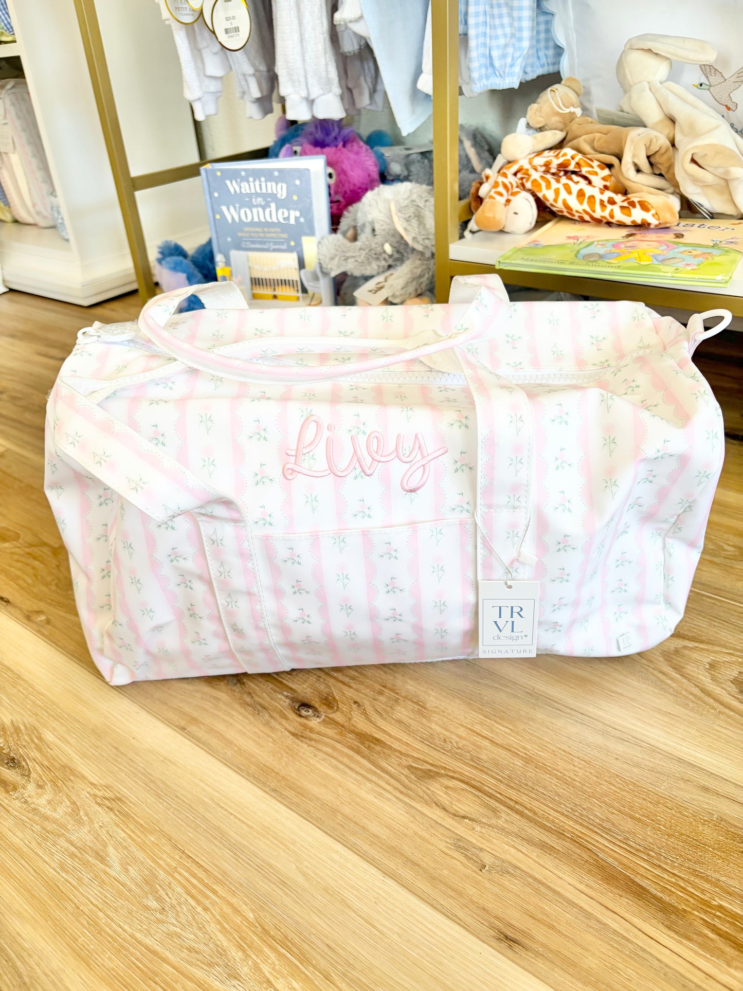 TRVL Pink Ribbon Floral Weekender Duffel Bag - Bubbly Font Name