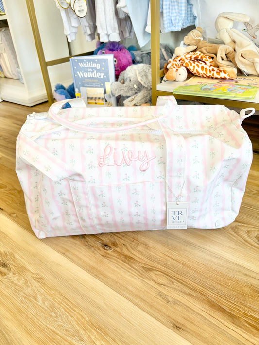 TRVL Pink Ribbon Floral Weekender Duffel Bag - Bubbly Font Name
