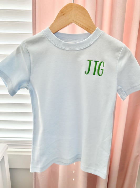 Mini Green Initials on Light Blue Tee