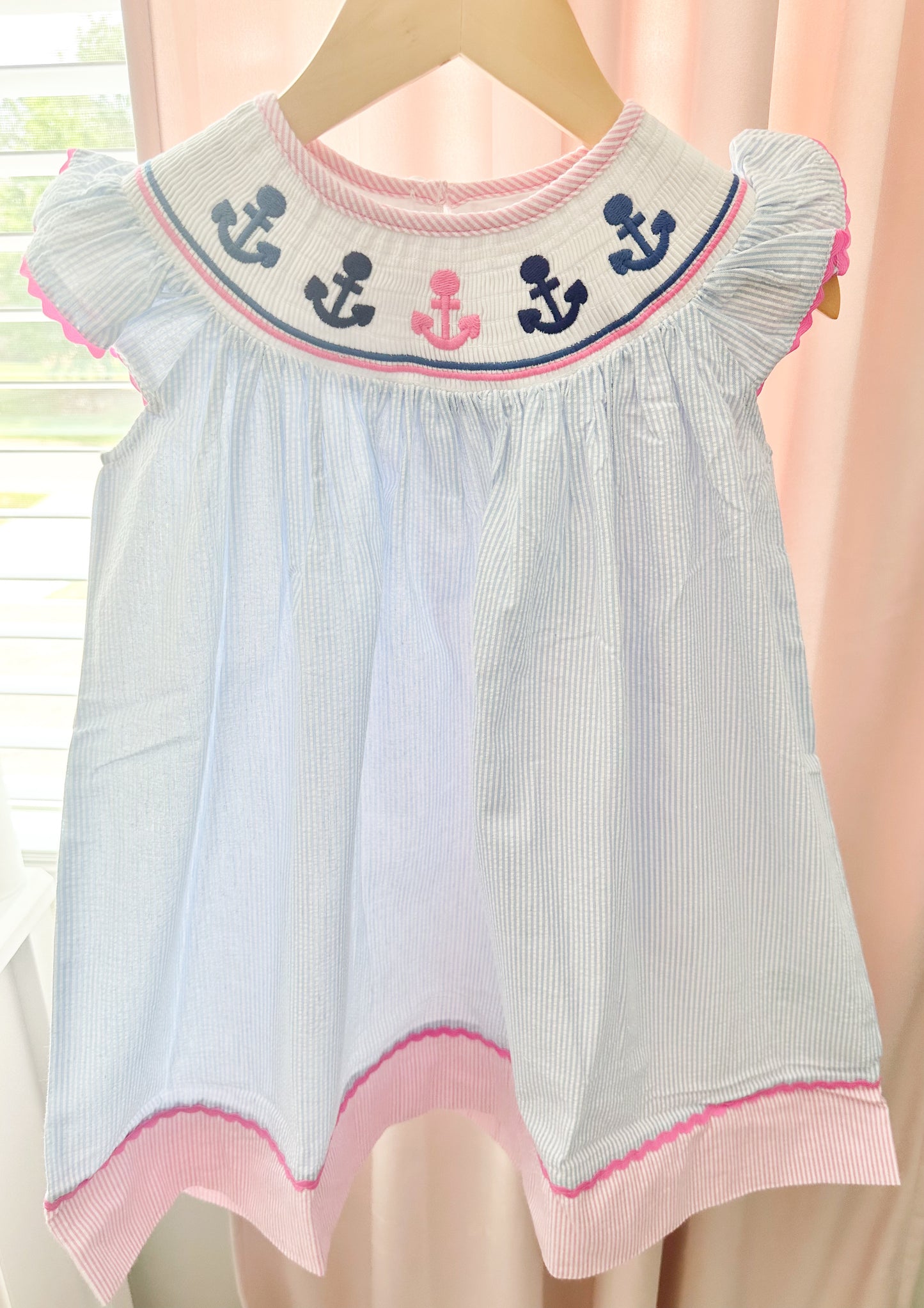 Blue Gingham Smocked Anchor Dress