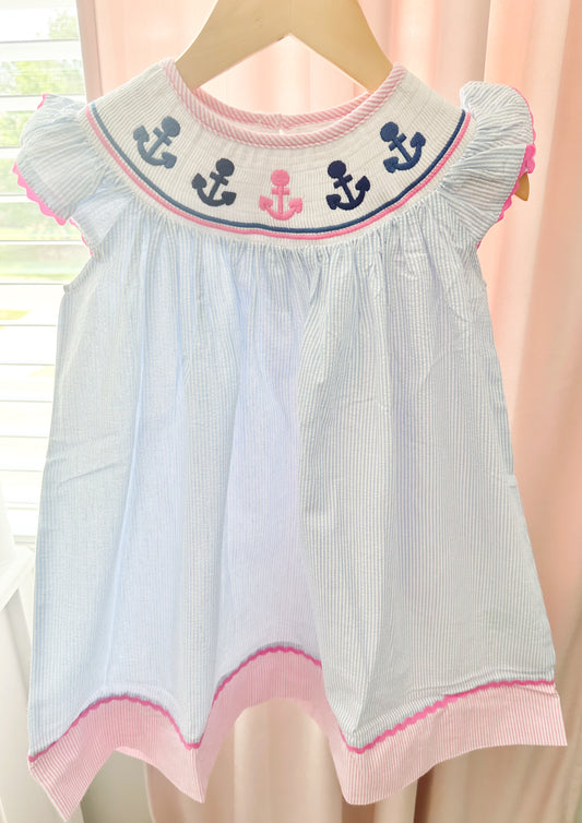 Blue Gingham Smocked Anchor Dress