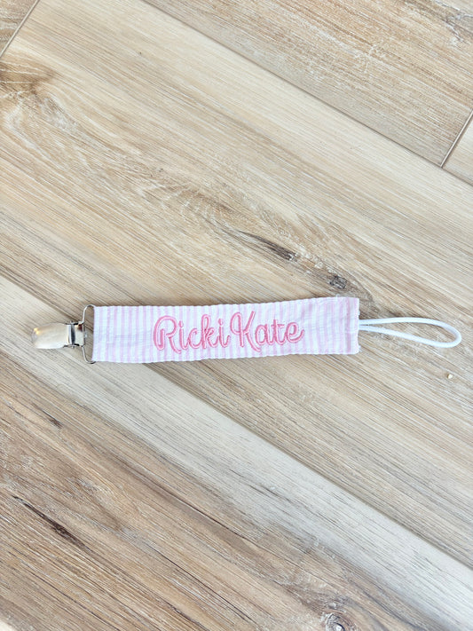 Pink Seersucker Paci Clip- Kathleen Font