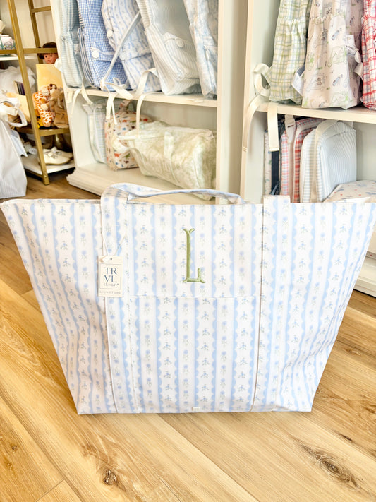TRVL XL Blue Ribbon Floral Tote- Single Initial Fishtail Monogram