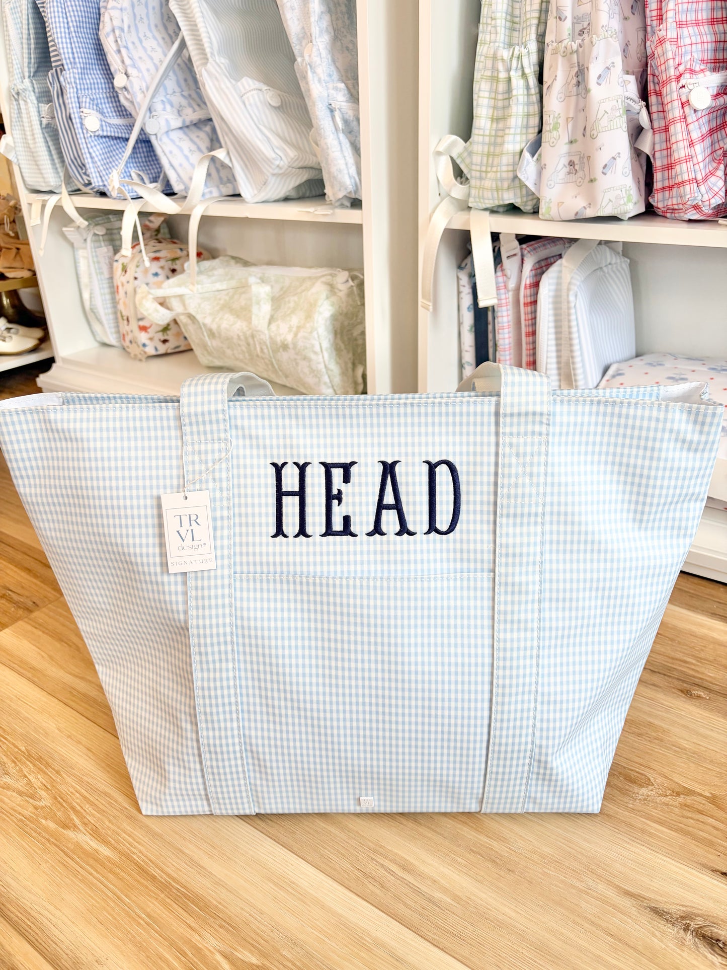 TRVL XL Gingham Mist Tote- Fishtail Font