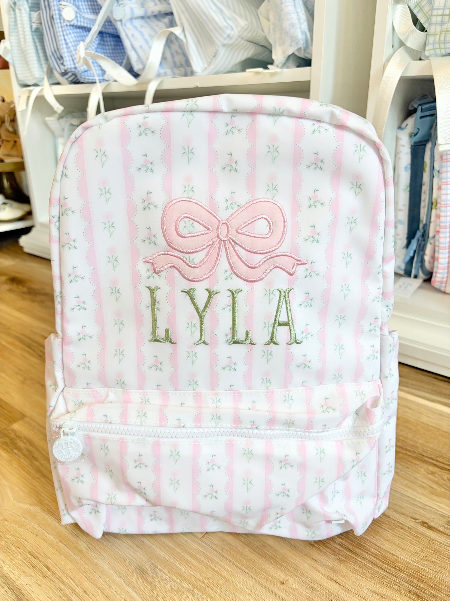 TRVL Pink Ribbon Floral Bakcpack- Fishtail Name with Applique Bow
