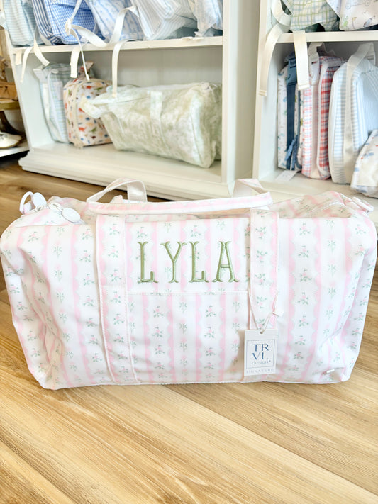 TRVL Pink Ribbon Floral Weekender Duffel Bag - Fishtail Font Name