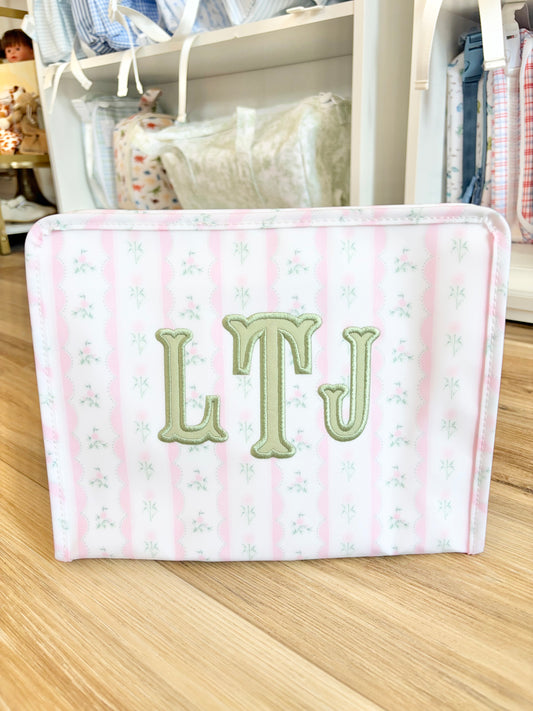 TRVL Pink Ribbon Floral Large Roadie- 3 Initials Applique in Sage