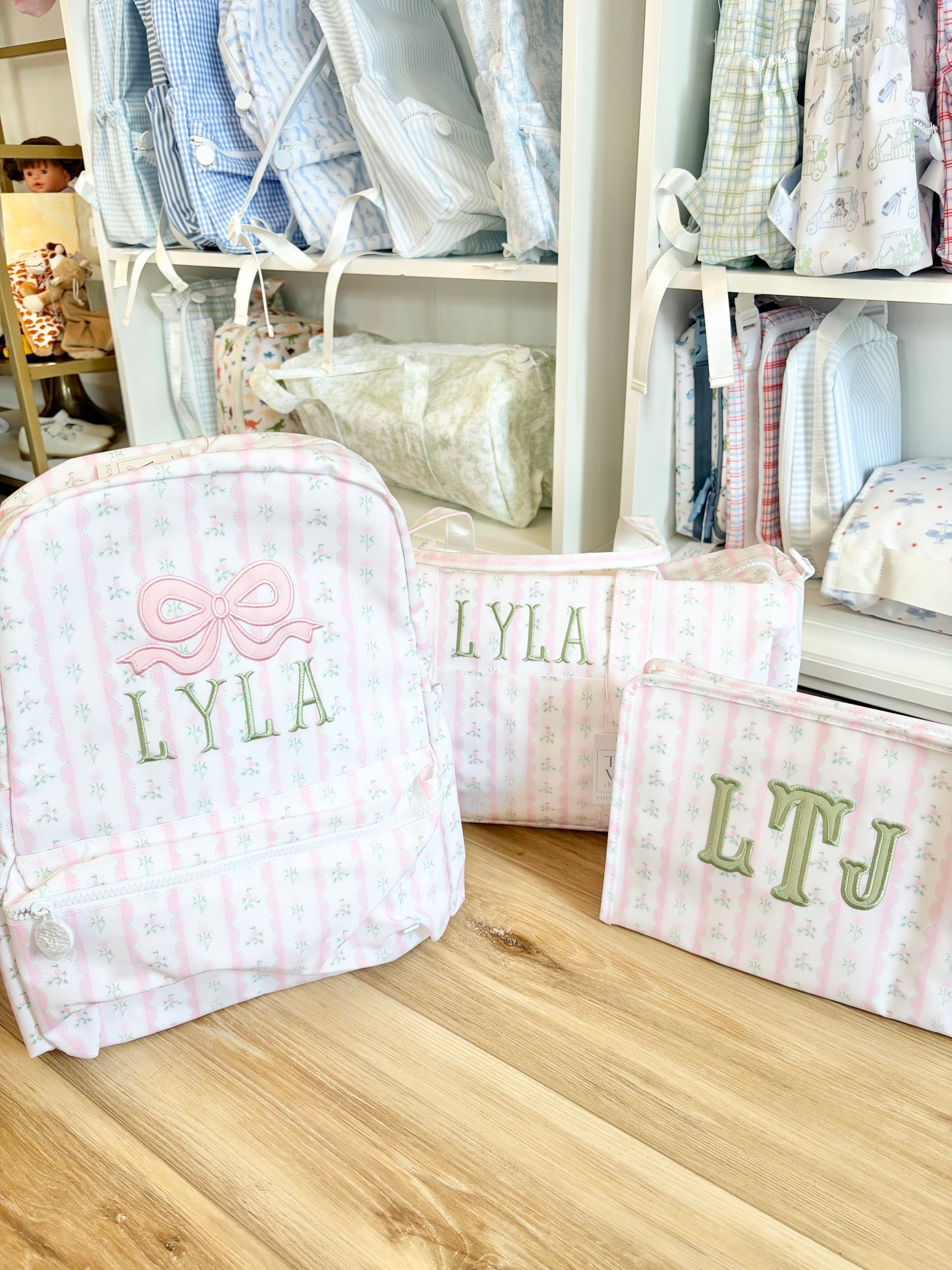 TRVL Pink Ribbon Floral Large Roadie- 3 Initials Applique in Sage