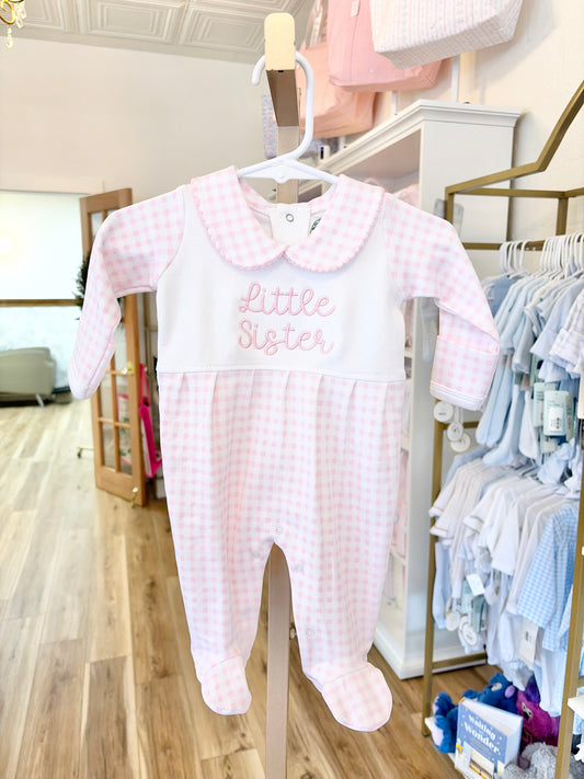 Pink Check Collar Footie with "Little Sister"