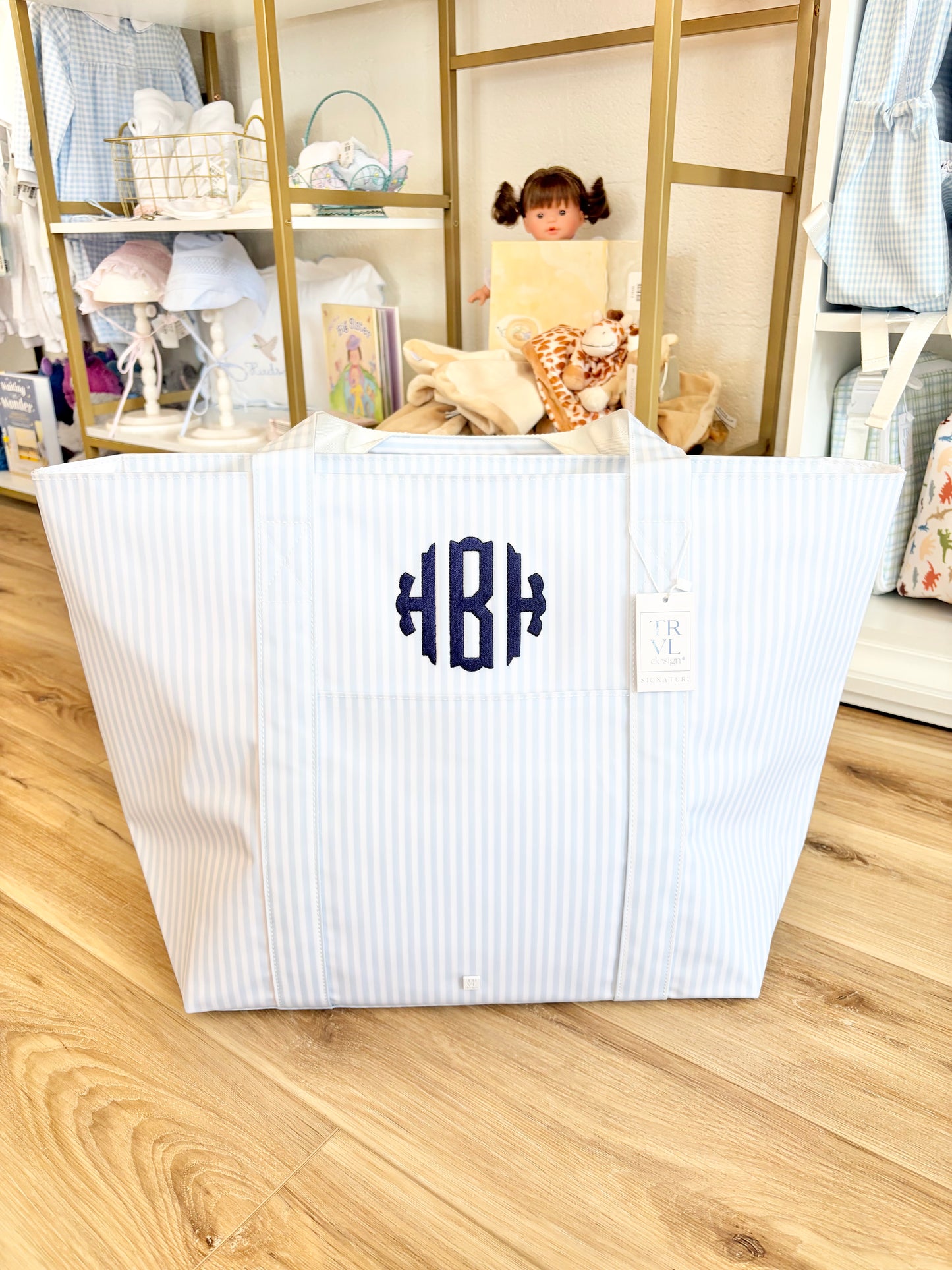 TRVL XL Pimlico Blue Stripe Tote- Scallop Monogram