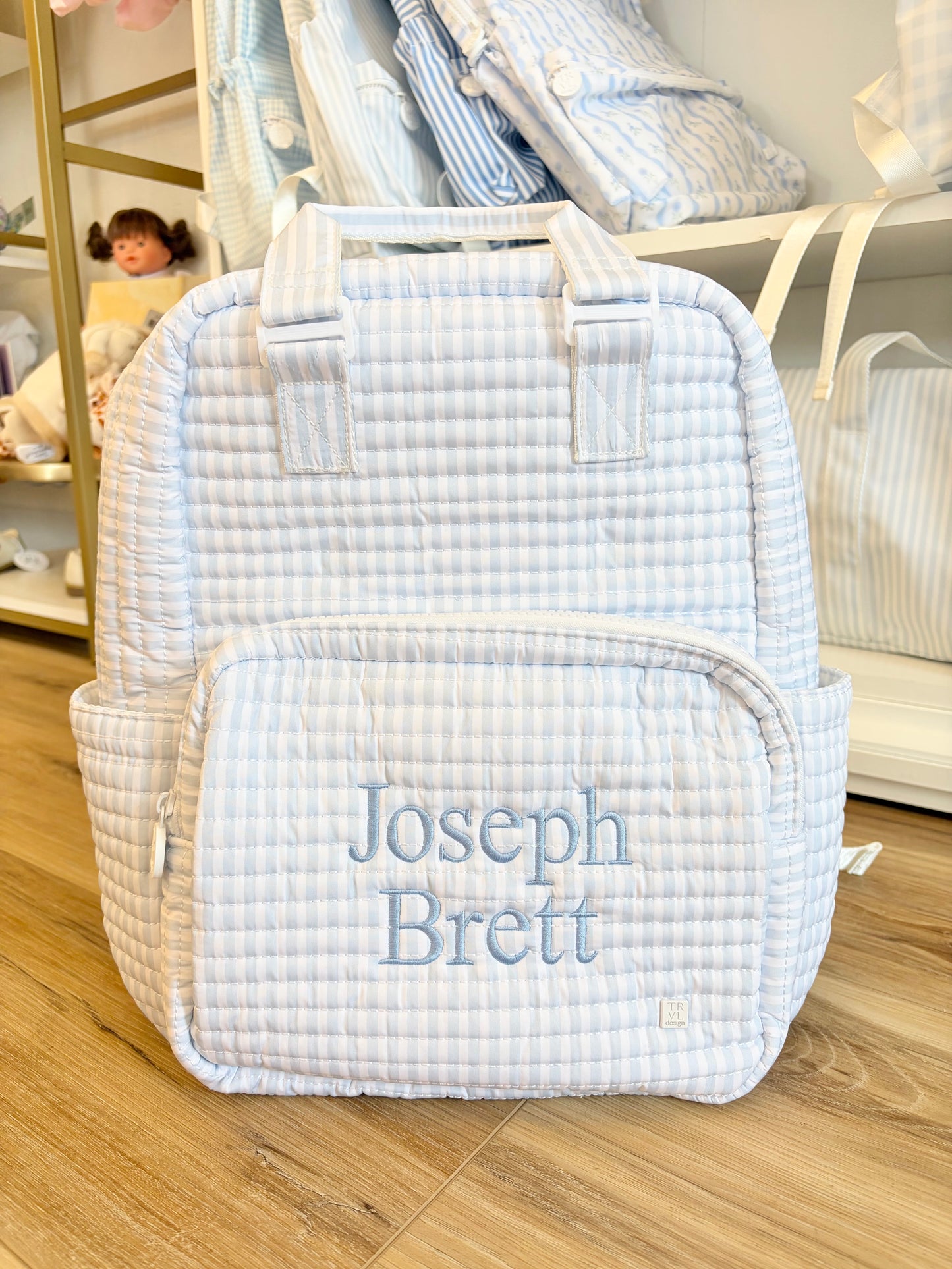 TRVL Pimlico Blue Stripe Quilted All You Need Bag- Times Font name