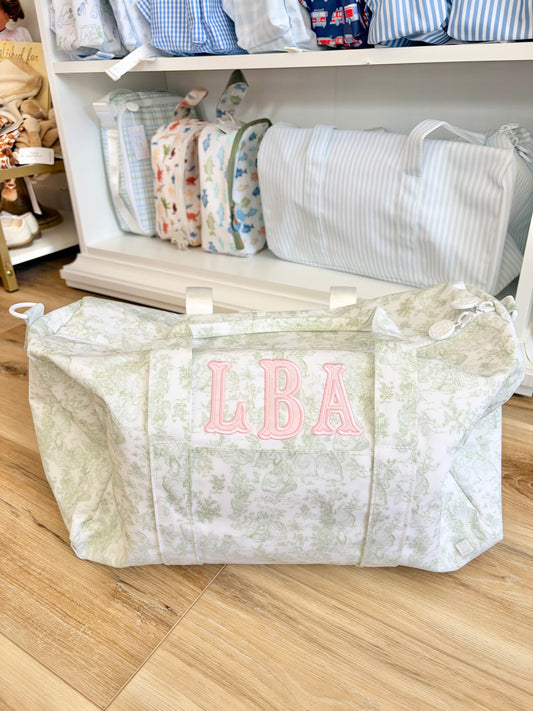TRVL Green Bunny Toile Duffle Bag- 3 Initials Applique