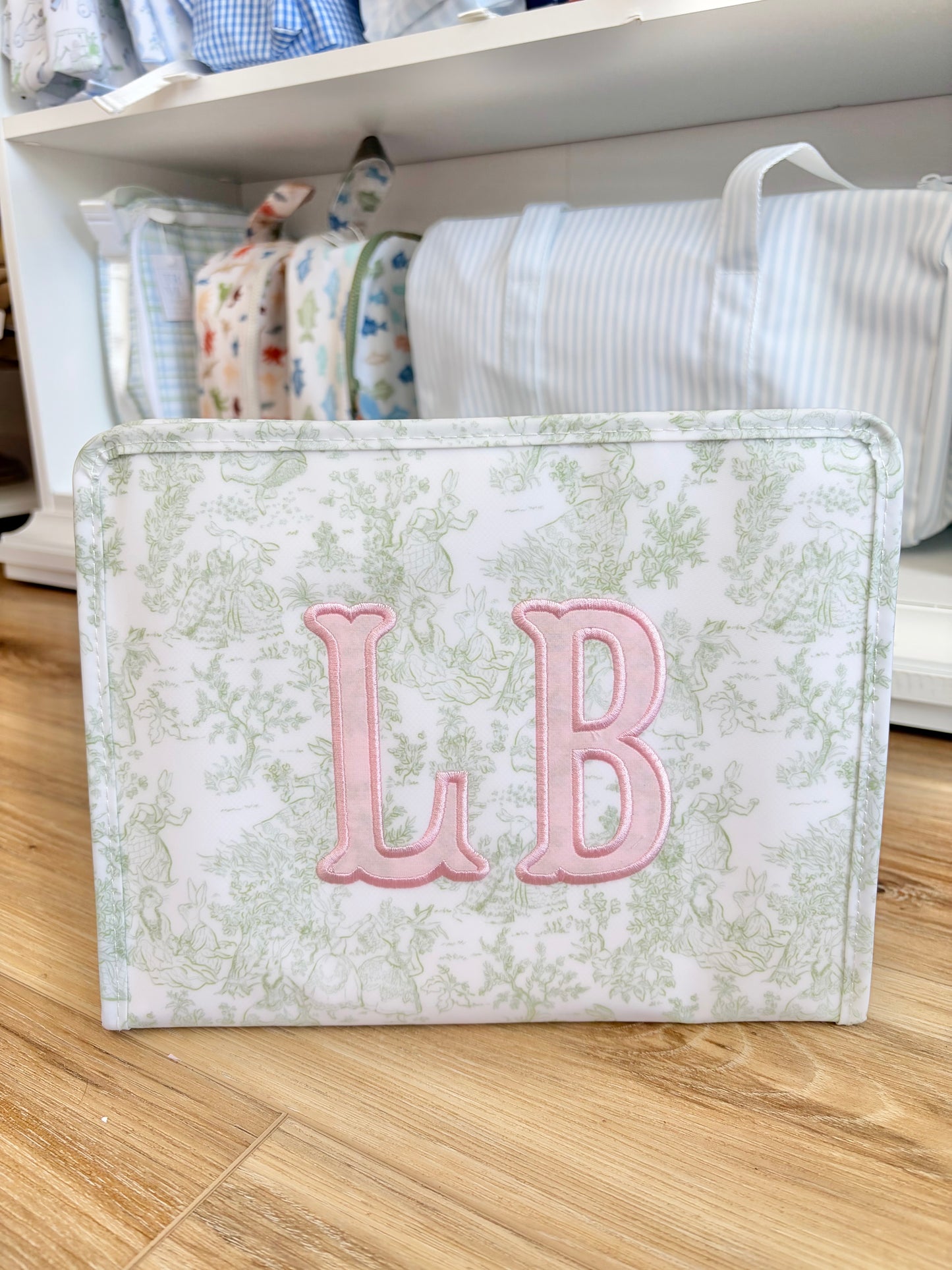 TRVL Green Bunny Toile Large Roadie- 2 Initial Applique
