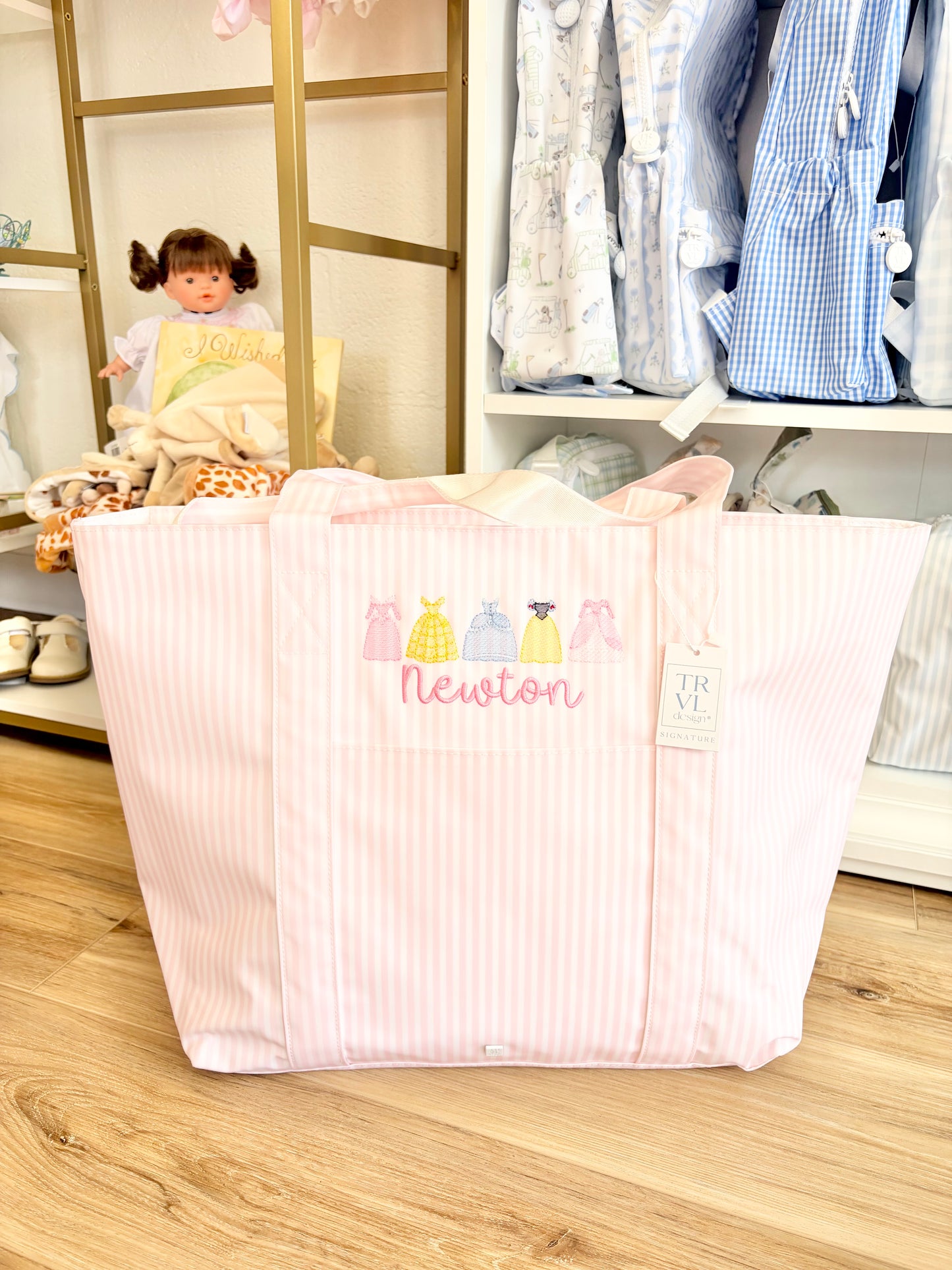 TRVL XL Pink Stripe Tote- Princess Dresses & Name