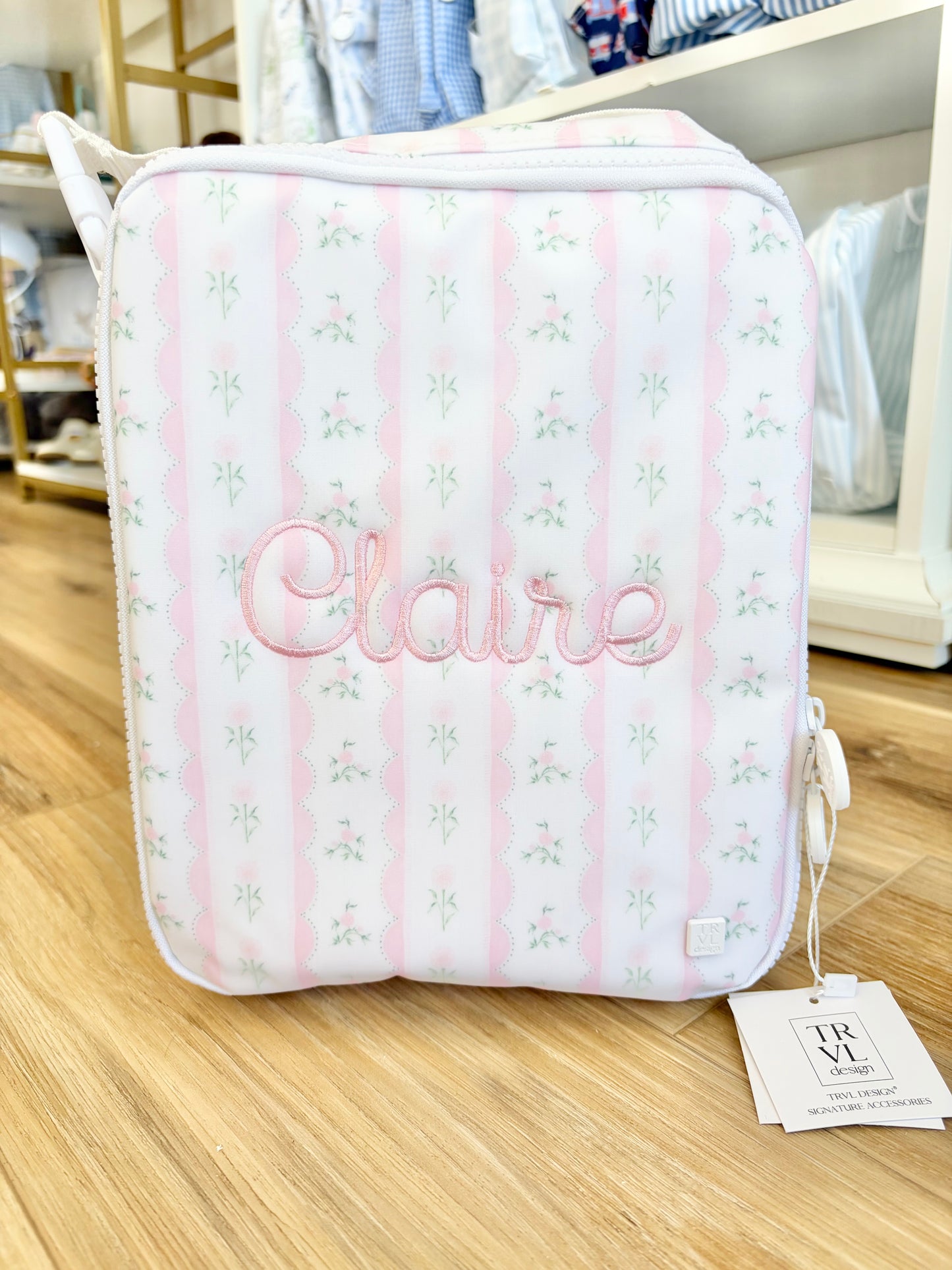 TRVL Pink Ribbon Floral Insulated Lunch Box- Baby Font name