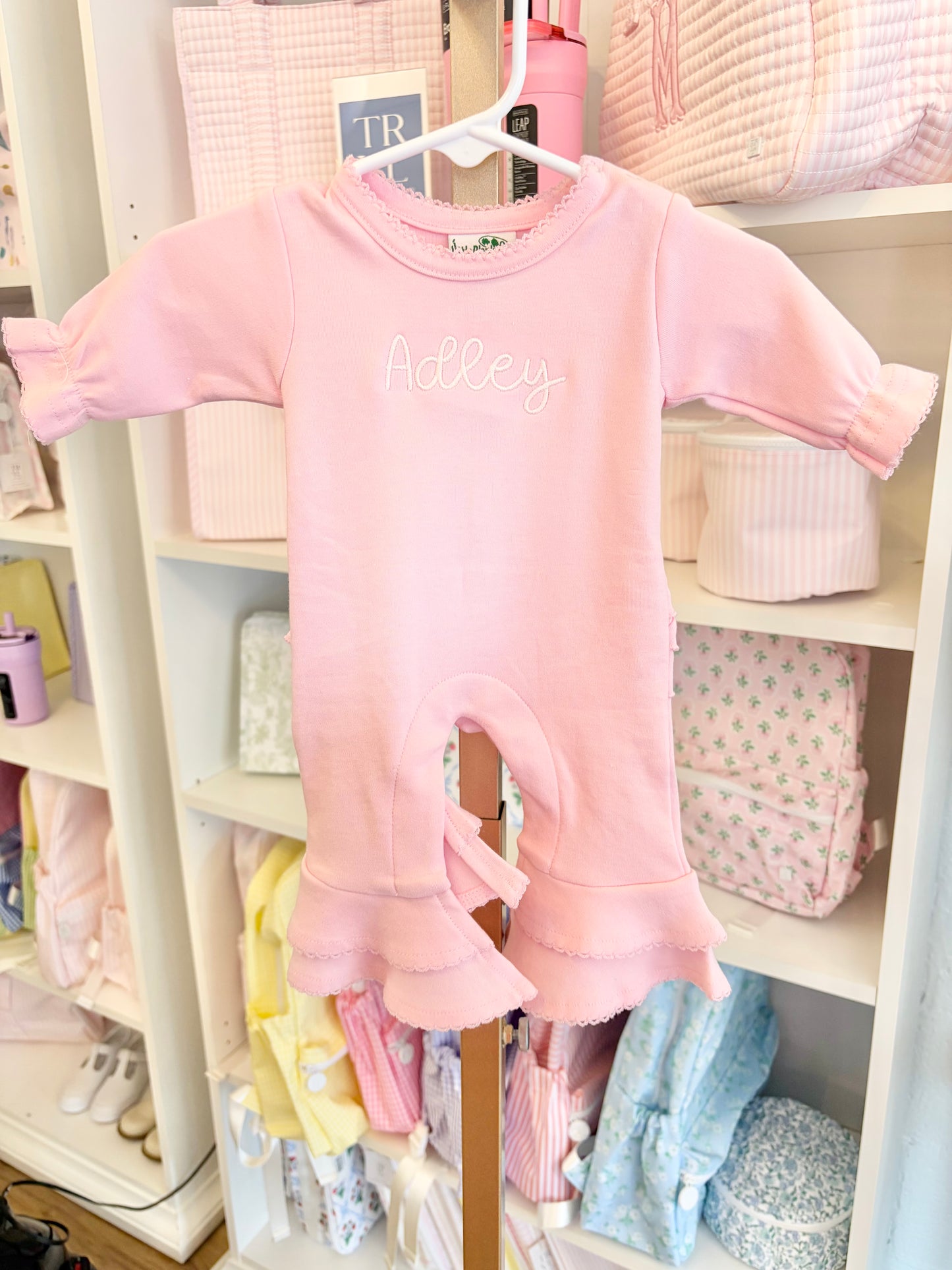 Pink Ruffle Booty Romper- Bubbly Font Name