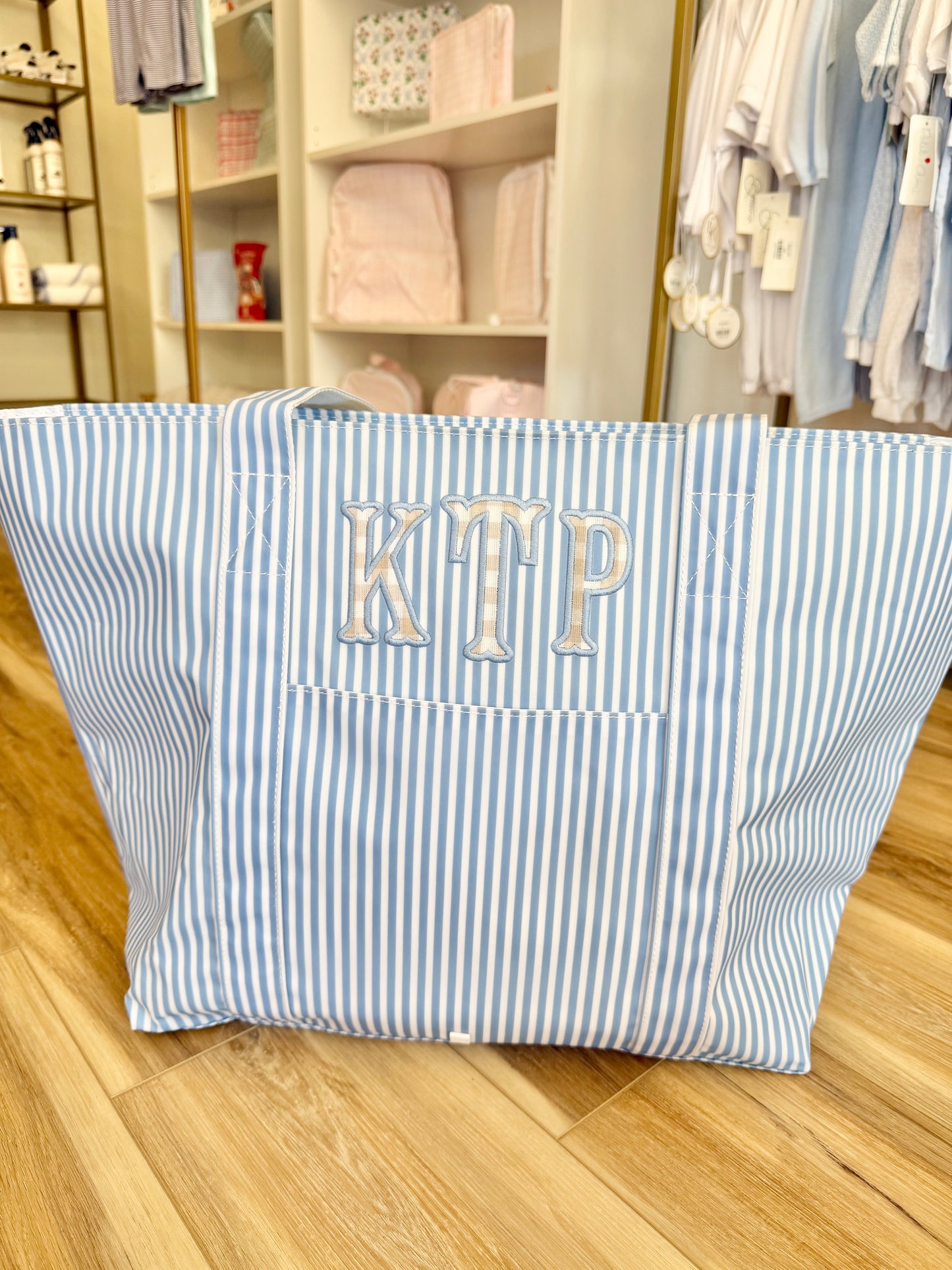 TRVL XL Chambray Pimlico Stripe Tote- 3 applique initials