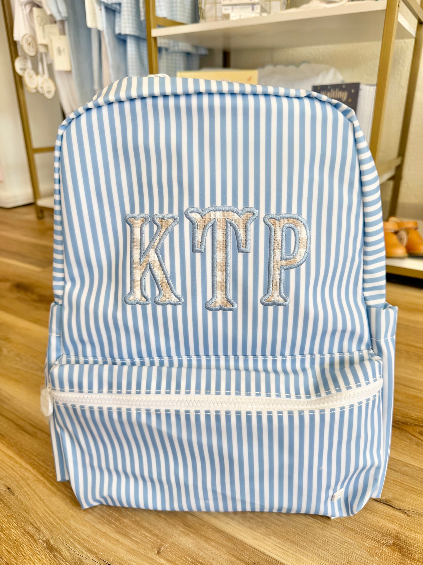 TRVL Chambray Pimlico Stripe Backpack- 3 Applique Gingham Initials