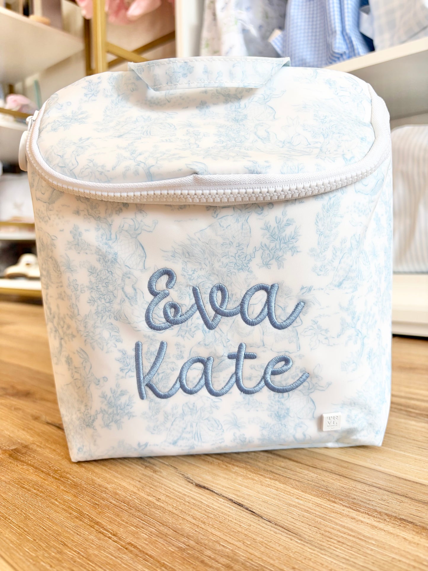 TRVL Blue Bunny Toile Take Away Bag- Caramel Font Name
