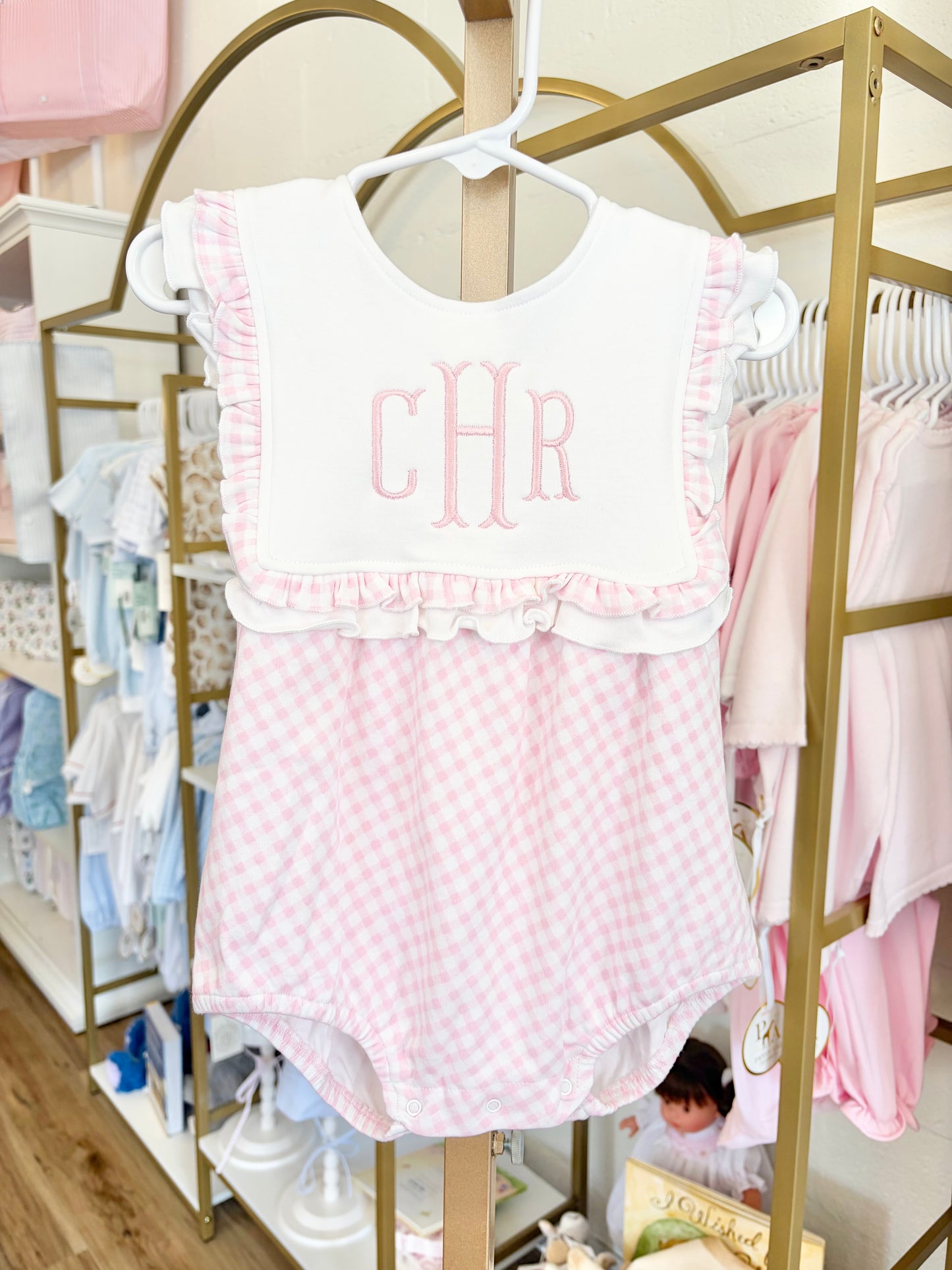 Pink Gingham Ruffle Bib Bubble- 3 Initials