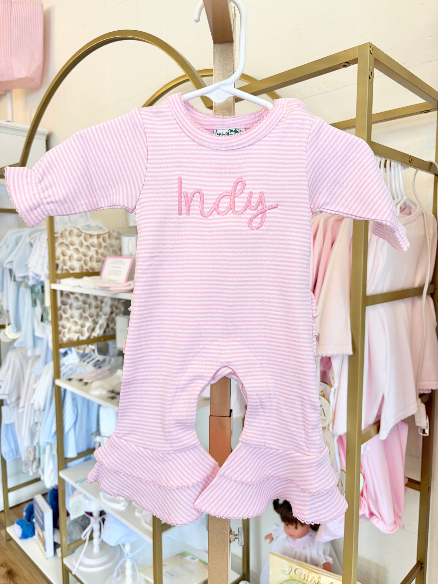 Pink Stripe Ruffle Booty Romper- Bubbly Font Name
