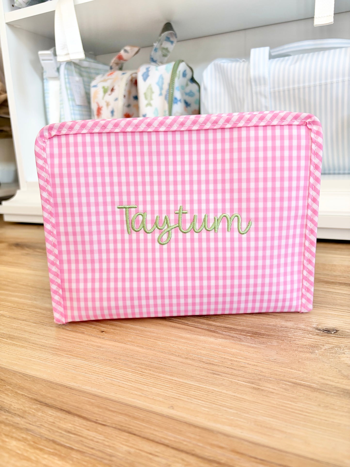 TRVL Pink Gingham Medium Roadie with Bubbly Font