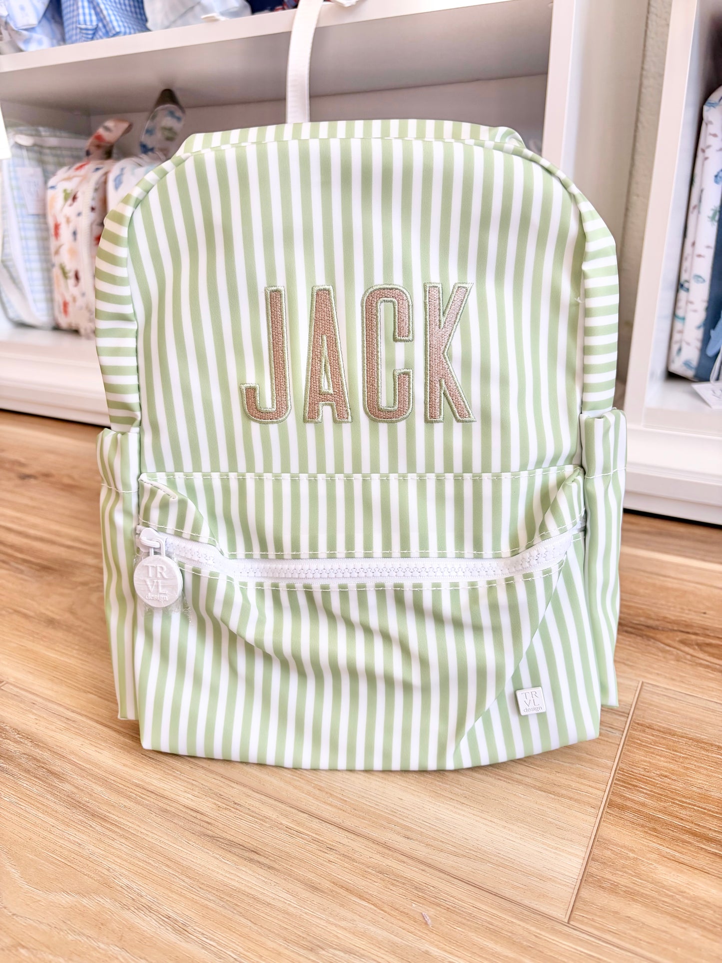 TRVL Sage Stripe Mini Backpacker with Beau Font