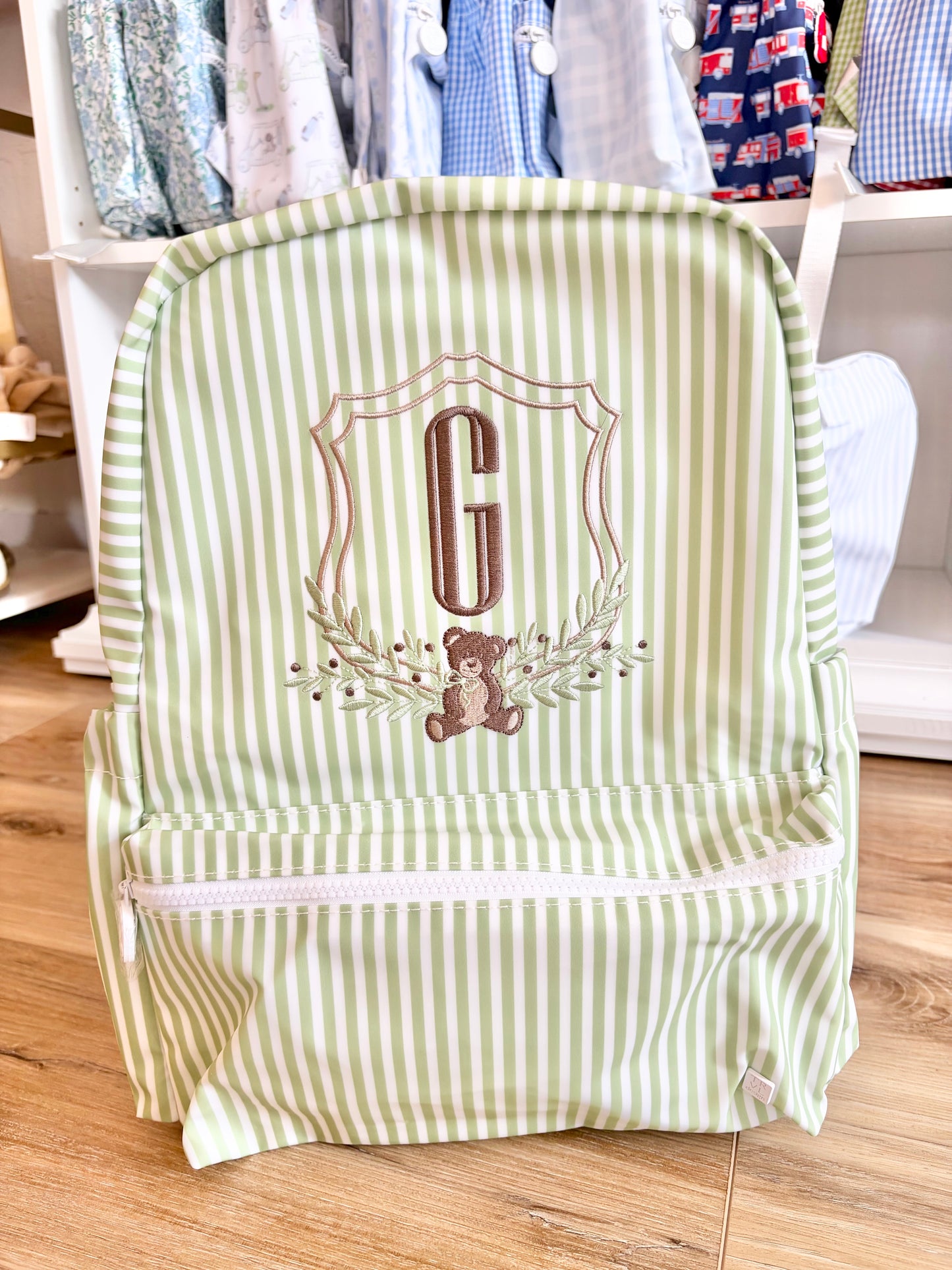 TRVL Sage Stripe Backpack with Bear Crest