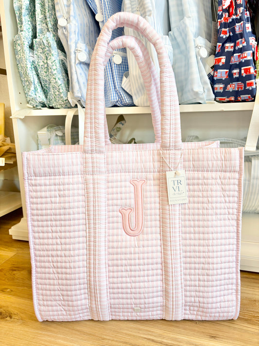 TRVL Pimlico Pink Stripe Quilted Tote with Single Initial