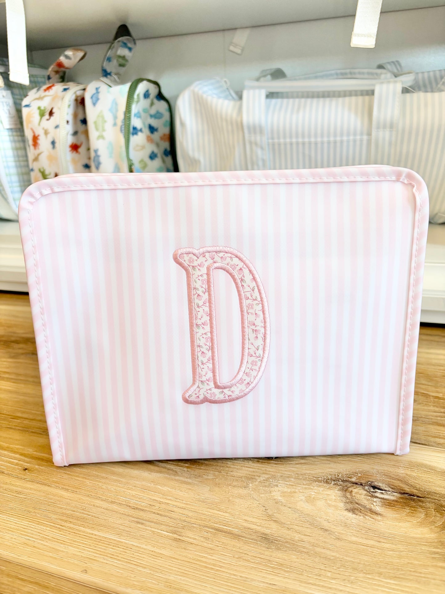 TRVL Pimlico Pink Stripe Large Roadie with Single Initial Applique