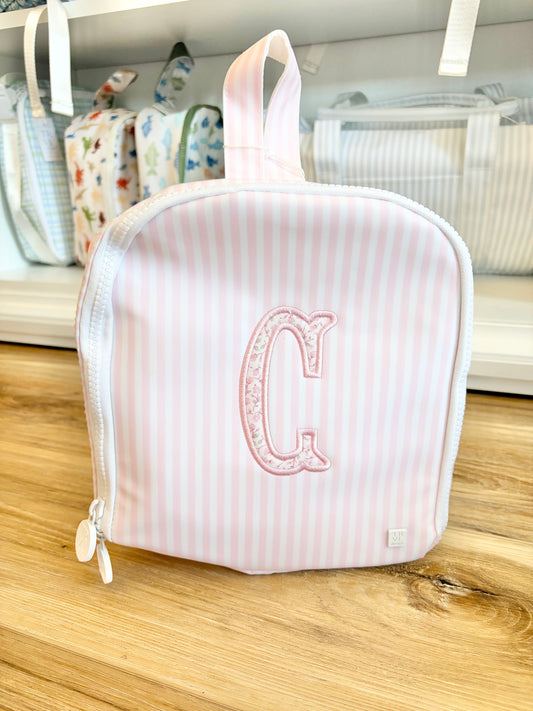 TRVL Pimlico Pink Stripe Bring It lunch Box with Single Initial Applique
